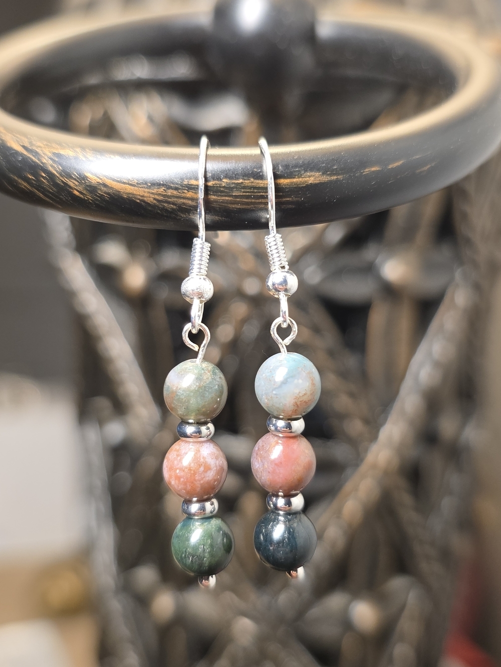 Indian Agate Natural Stone Beads Sterling Silver Drop Earrings